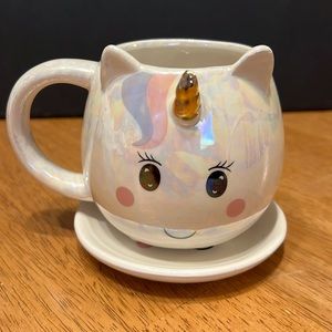 Unicorn 3D Mug AND Saucer Rare set! Whimsical Cupboard iridescent smiling wTray